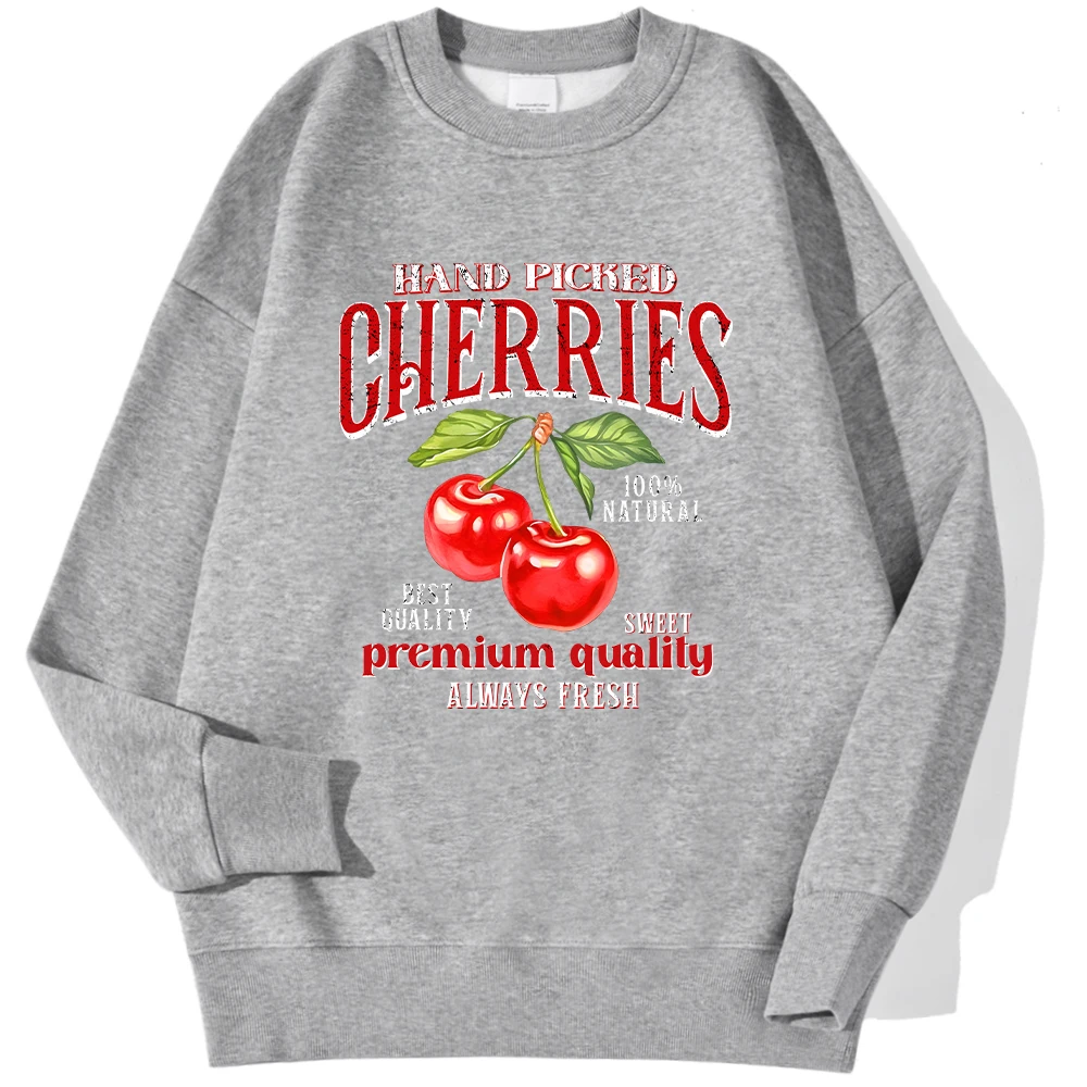 Casual Womans Pullover Hand Picked Cherries Printing Hoodie Soft Breathable Loose Crewneck Sweatshirt Autumn Winter Streetwear