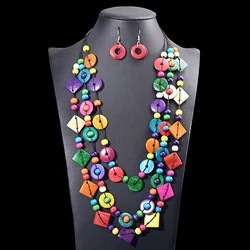 UDDEIN Bohemian Handmade Mulit Layer Colorful Wood Earring Necklace Sets Vintage Beads Jewelry Coconut Husk Collar