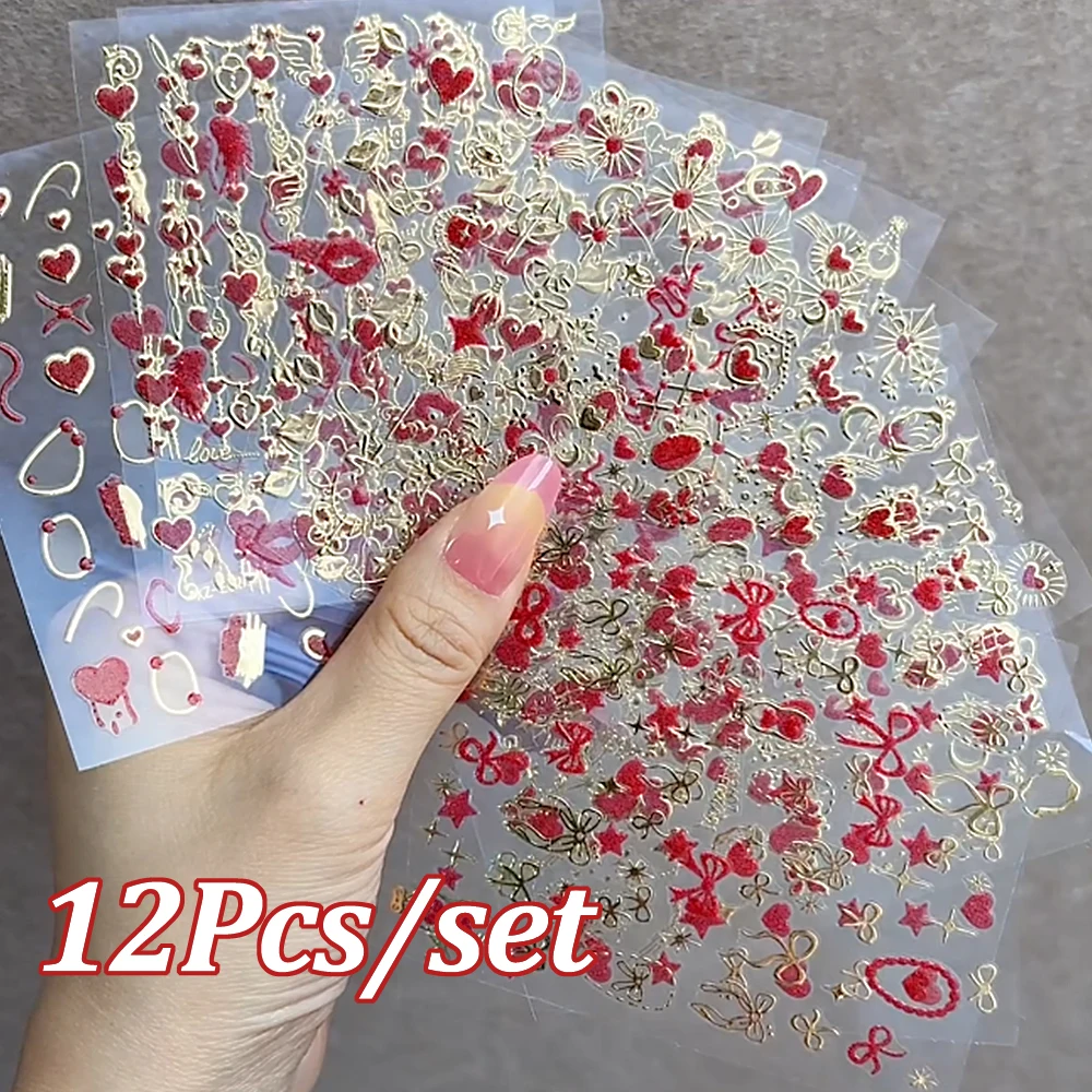 12Pcs Valentine's Day Glitter Red Lips Love Heart Nail Sticker 3D Romantic Bronzing Bow Star Nail Decals DIY Sweet Manicure Deco