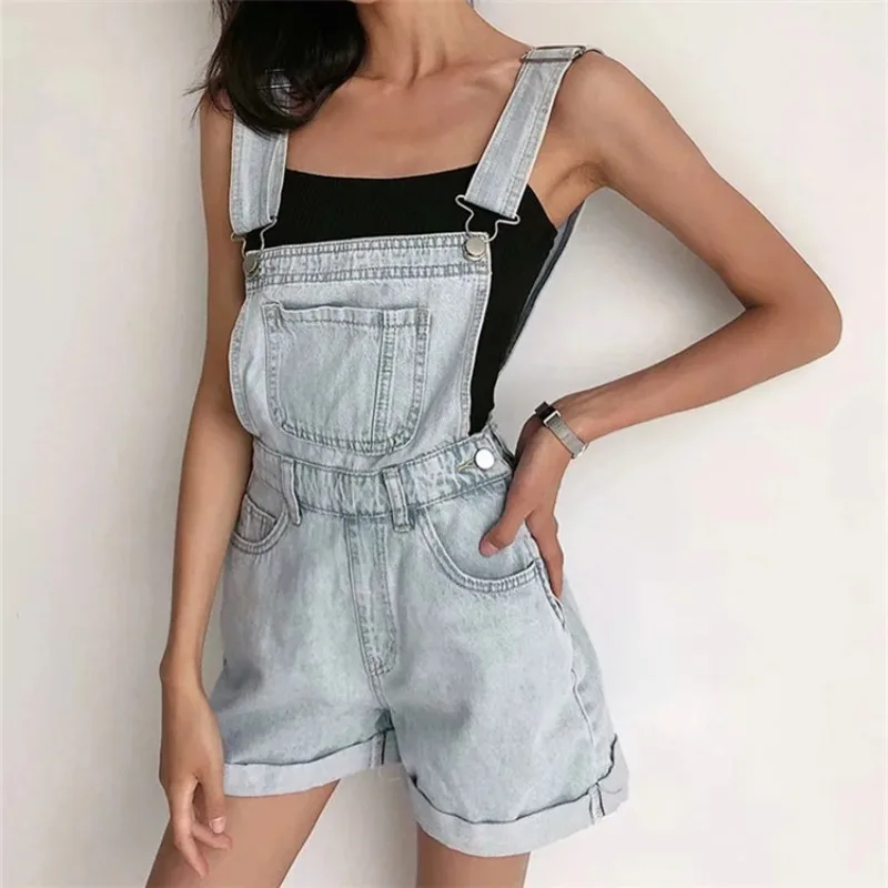 2024 Summer Korean Student Versatile Denim Backstrap Shorts Women Wide Leg Playsuits Loose Rolled Rompers Girl Jumpsuit Overalls