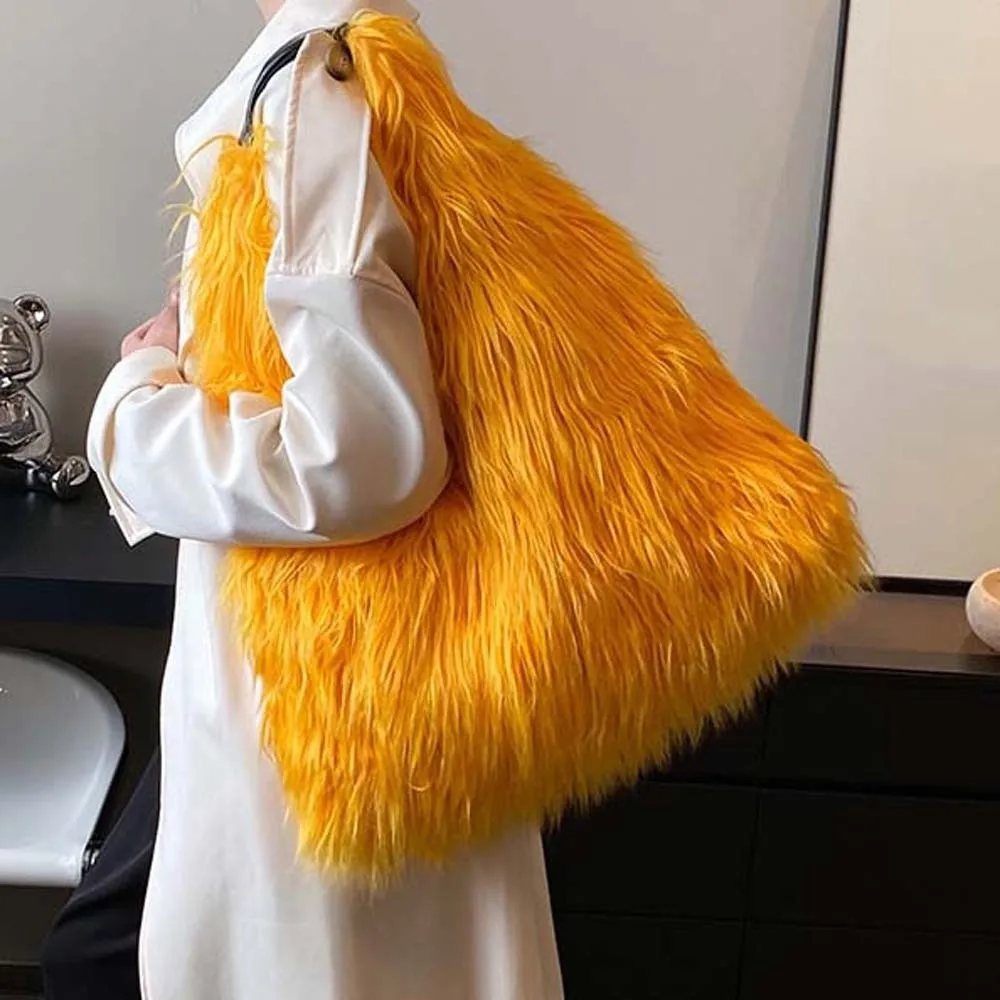 

Casual Stripe Faux Fur Ladies Tote Large Capacity Soft Furry Tote Bag Magnetic Button Portable Plush Shoulder Bag School