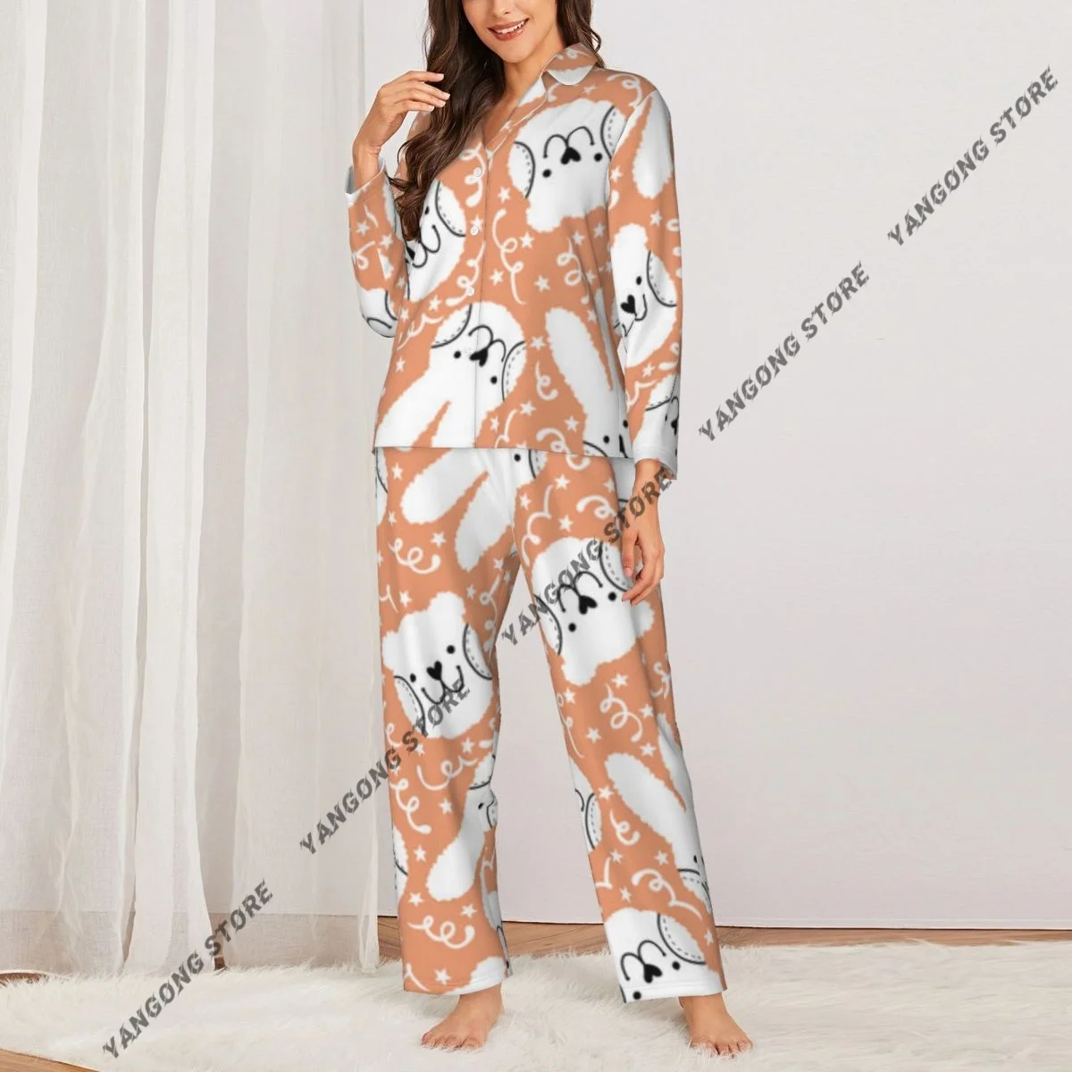 Women Sleepwear Loungewear Cartoon Rabbit And Bear Pattern Long Sleeve Lapel Neck Shirt and Elastic Waist Pants Pajamas Set