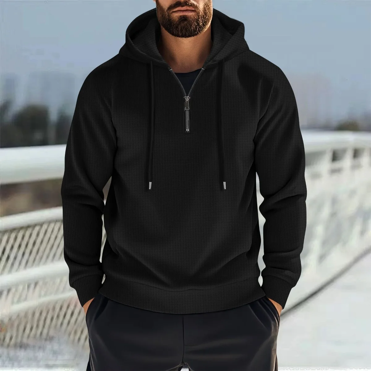 

Men's Spring 2025 Fashion Comfortable Waffle Weave Pullover Shirt Autumn Half-Zip Hooded Casual Loose-Fitting Sweatshirt
