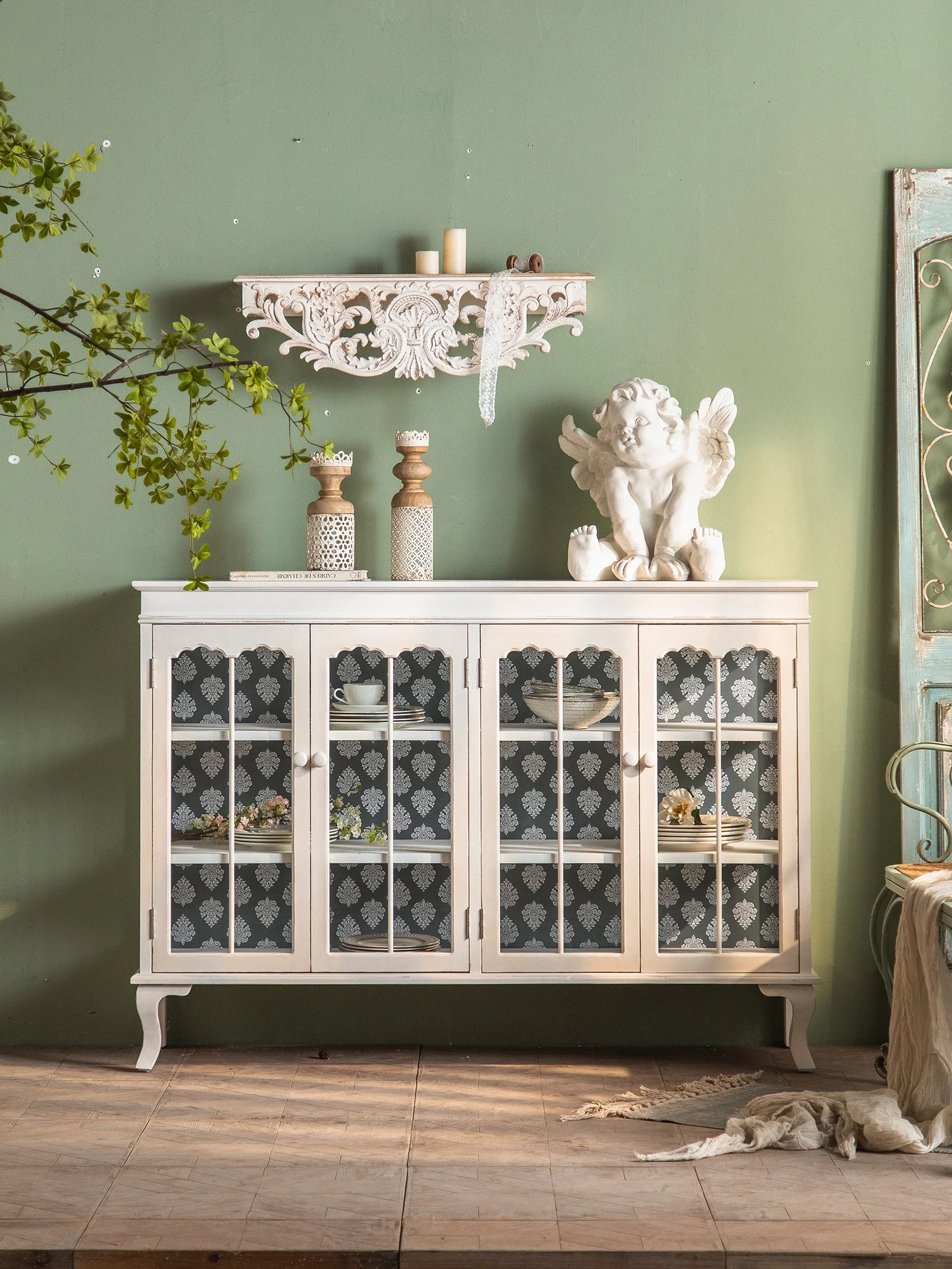 

Vintage white entryway cabinets, solid wood decorative cabinets, glass door storage cabinets, storage cabinets