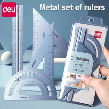 Deli Metal cetvel okul çizim ölçme üçgen cetvel öğrenme çocuklar için açı düz cetvel Set ofis aksesuarları malzemeleri