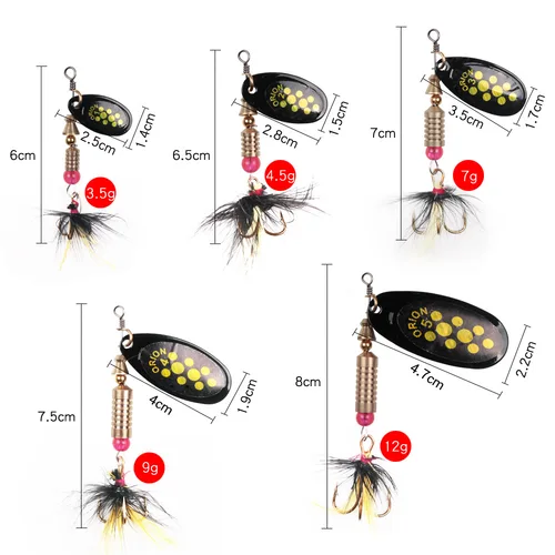 Imagen 2 del producto 1 unids/lote señuelo de Pesca giratorio 3,5g/4,5g/7g/9g/12g cuchara lentejuelas cebo duro de Metal Wobblers Pesca de lubina con ganchos de plumas