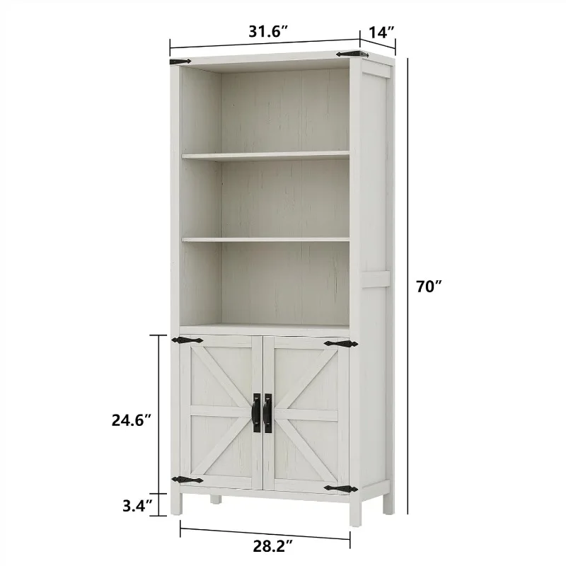 Farmhouse Bookcase and Bookshelf with Doors, 5-Shelf Bookcase Adjustable Bookshelf, Wood Bookcase Tall Storage