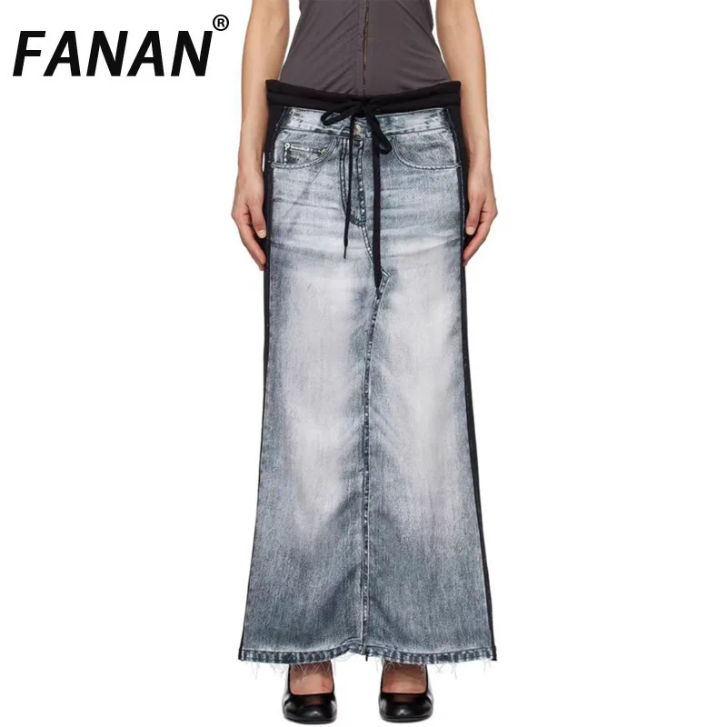 

FANAN Sweetwear Washed Denim Skirt For Women High Waist Spliced Contrast Color Tide Skirts Female Clothing 2025 Autumn New