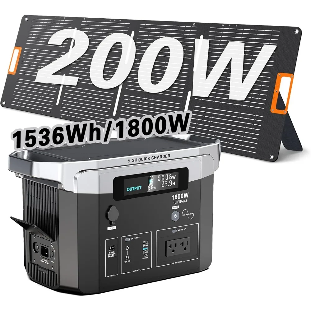 Solar Generator 1800W, 1536Wh Portable Power Station with 200W Solar Panel Included, Solar Powered Generator LiFePO4