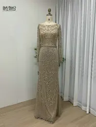 MYMB Dubai Caramel Scoop Neck Long Sleeves Evening Wedding Guest Dresses Elegant Mermaid Beaded Party Gowns vestidos de fiesta