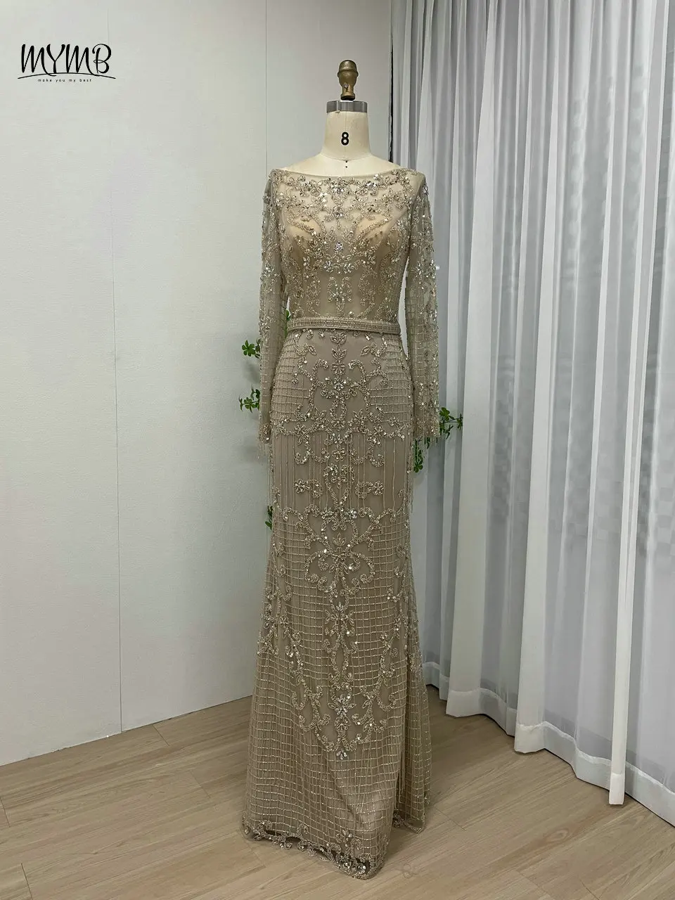 MYMB Dubai Caramel Scoop Neck Long Sleeves Evening Wedding Guest Dresses Elegant Mermaid Beaded Party Gowns vestidos de fiesta