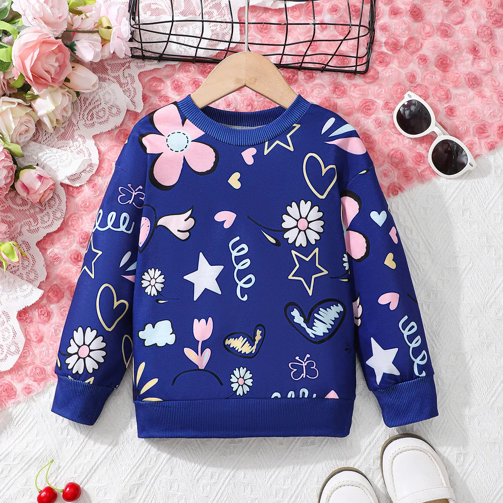 بلوزة لطيفة بأكمام طويلة مطبوعة يدويًا للفتيات من عمر 4 إلى 7 سنوات، ملابس يومية للفتيات الصغيرات، ملابس الخريف والشتاء