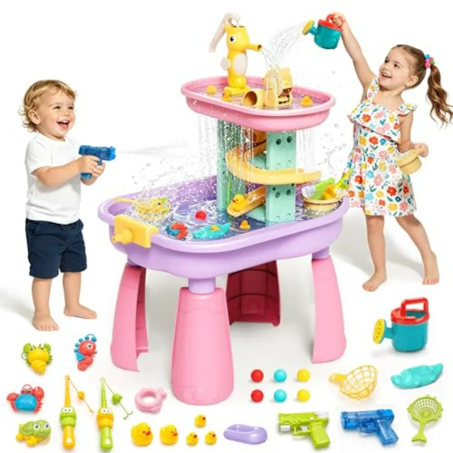 

Outdoor sensory water play table for toddlers ages 3-8, BPA-free plastic, blue and yellow, includes 28PCS accessories and rain