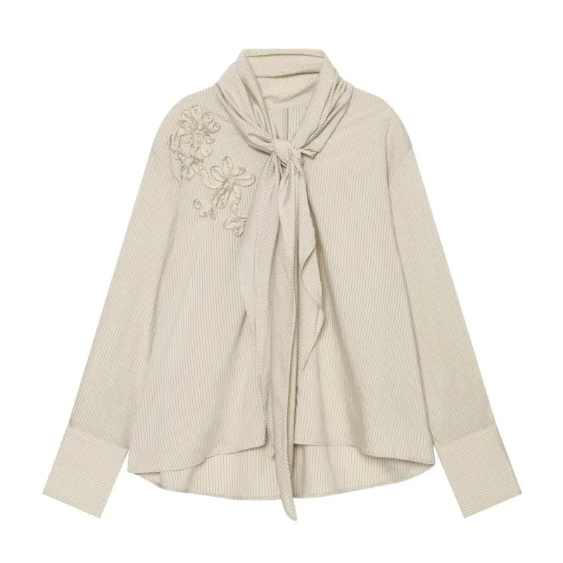 Women Striped Shirt With Knot New 2026 Autumn Simple Long Sleeves Embroidery Women's Button Shirts Female Chic Shirts & Blouses