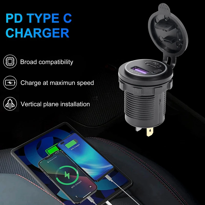 Pop PD Type C USB Car Charger And QC 3.0 Quick Charger 12V Power Outlet Socket With ON/Off Switch For Motorcycle RV ATV,Blue