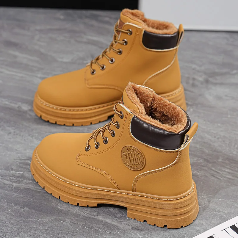 

Women's Thick Bottom Boots Autumn Winter British Style Workwear Large Yellow Boot Fleece Lined Cotton Shoes Return to ...