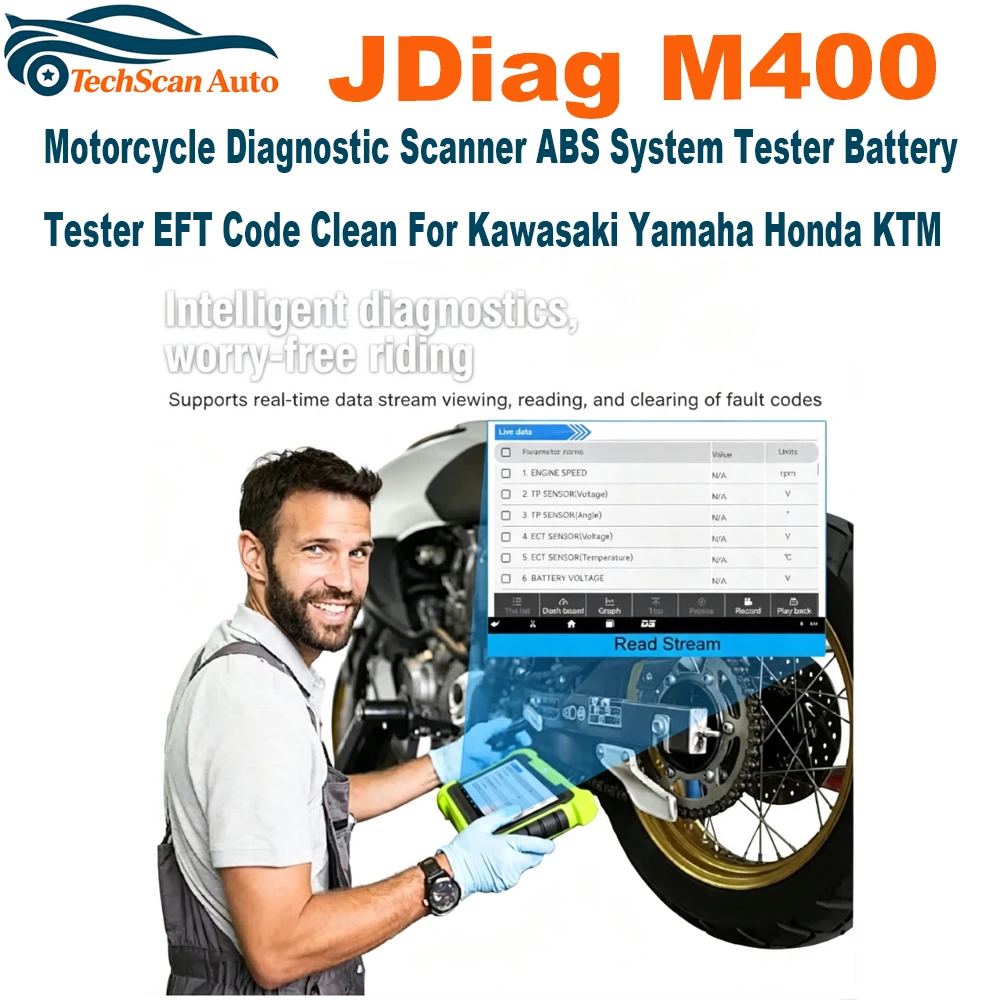 2026 NEW JDiag M400 Motorcycle Diagnostic Scanner ABS System Tester Battery Tester EFT Code Clean For Kawasaki Yamaha Honda KTM