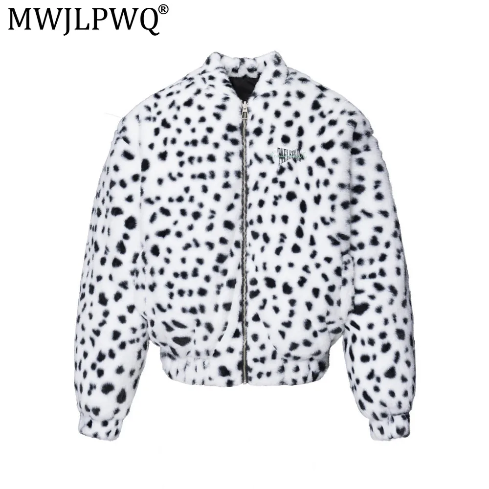 MWJLPWQ Reversible Baseball Jacket Men's Streetwear Loose Winter Warm Faux Mink Fur Leopard Print Cotton Coats 2026 New 21356