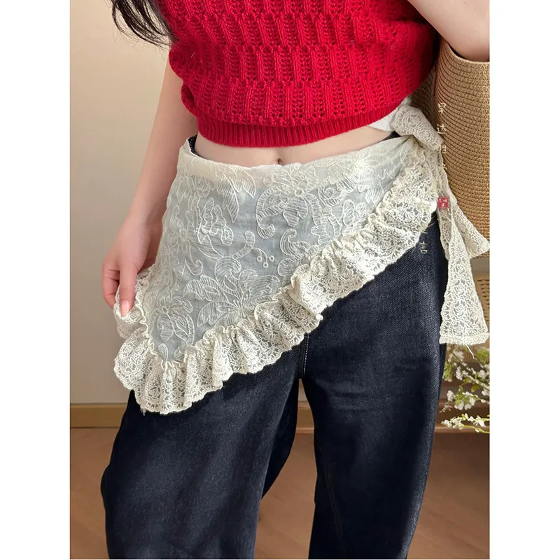Lace Trimmed Triangle Waist Scarf Wrap for Skirts Korean Chic Feminine Layering Premium Elegant Decorative Accessory