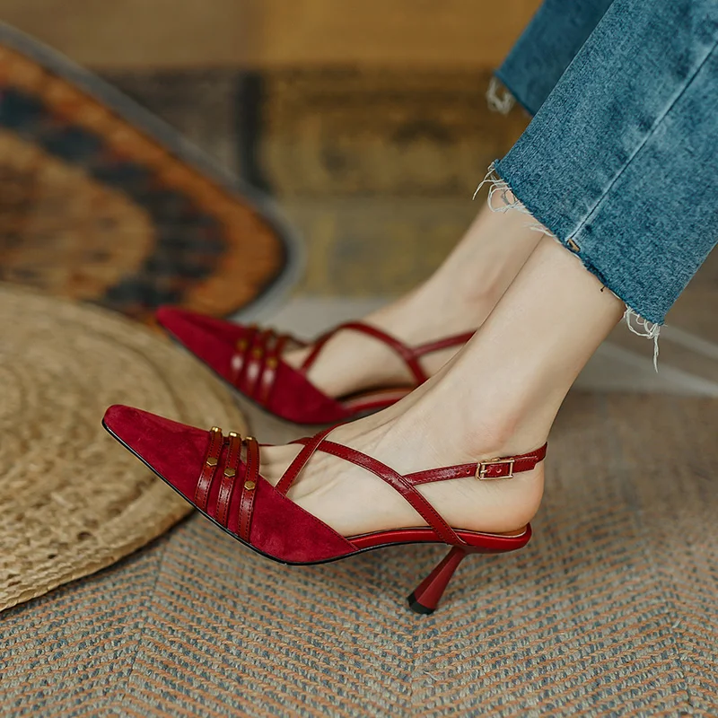 

2022 New French Sexy Feminine Pumps Retro Pointed Toe Slingbacks Ladies Shoes Buckle Strap Suede Leather Heels Shoes Women Shoes