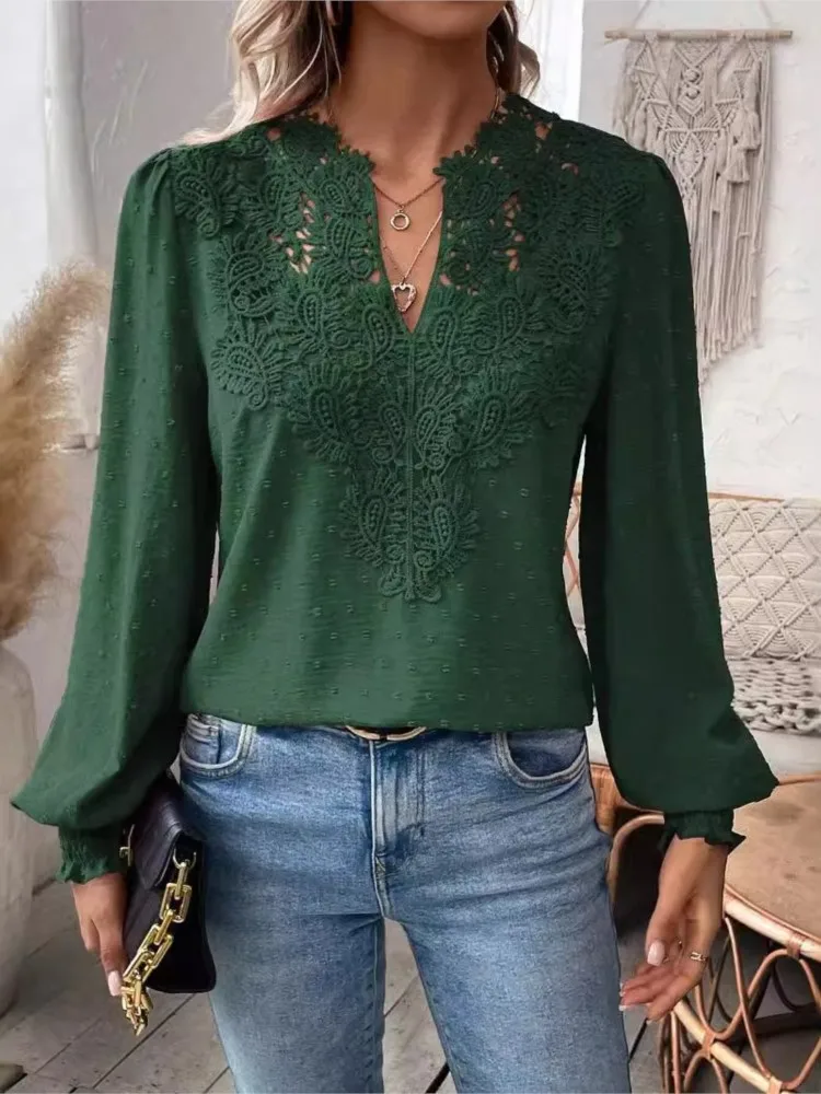 Women Casual Fashion Soild Loose Long Sleeve Blouse New Spring Autumn V Neck Lace Patchwork Vintage Elegant Office Lady Shirts