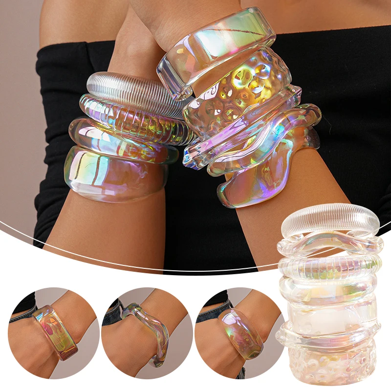 

NEW Personality Acrylic Bracelet Geometric Transparent AB Colorful Resin Irregular Large Wide Cuff Bangle Jewelry Women Girls