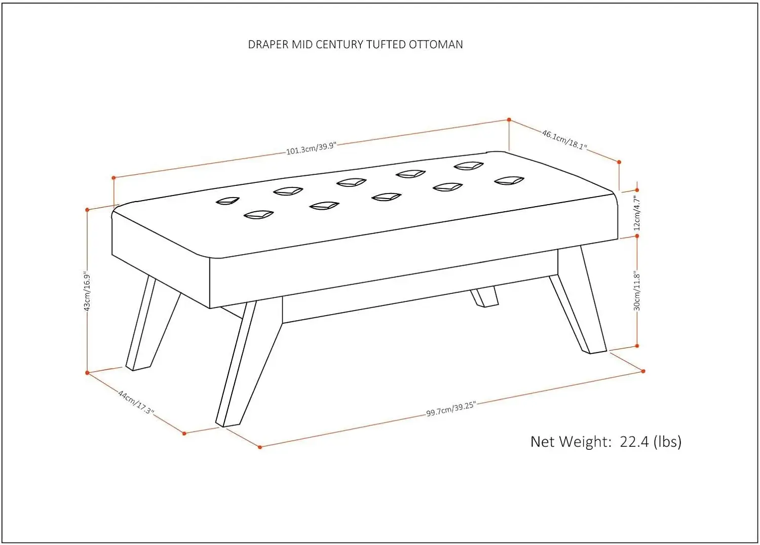 40 inch Wide Mid Century Modern Rectangle Tufted Ottoman Bench in Fawn Brown Linen Look Fabric, Assemble