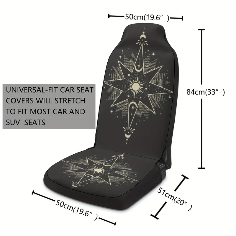 2pcs Set Sun Moon Star Mysterious Black and Golden Print Universal Single-Seat Car Seat Covers, Suitable for Most Car Models