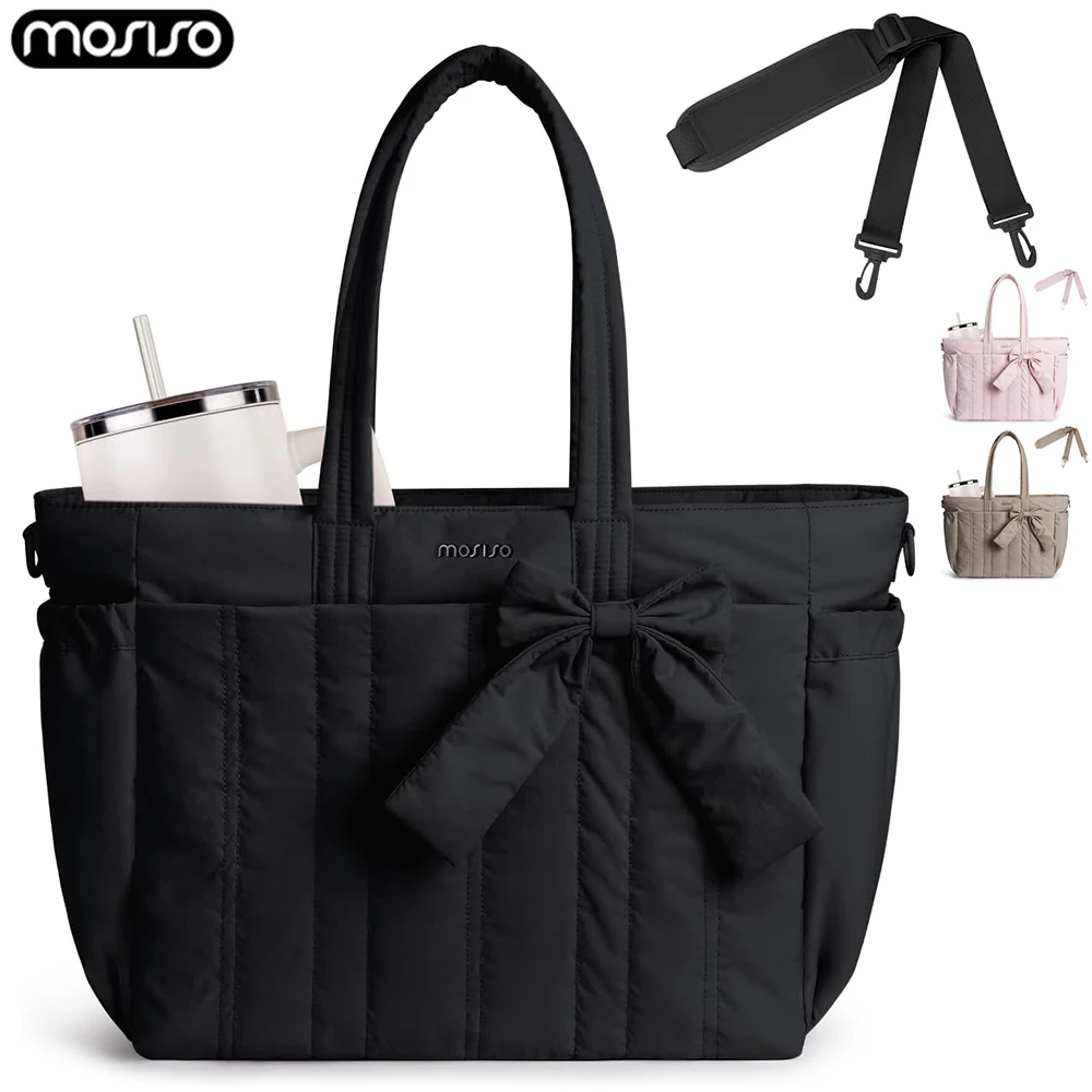 Bow Laptop Tote Bag for Women 15 15.6 16 inch Large Capacity Puffer NoteBook Shoulder Bag Handbag for School Work Travel Gym