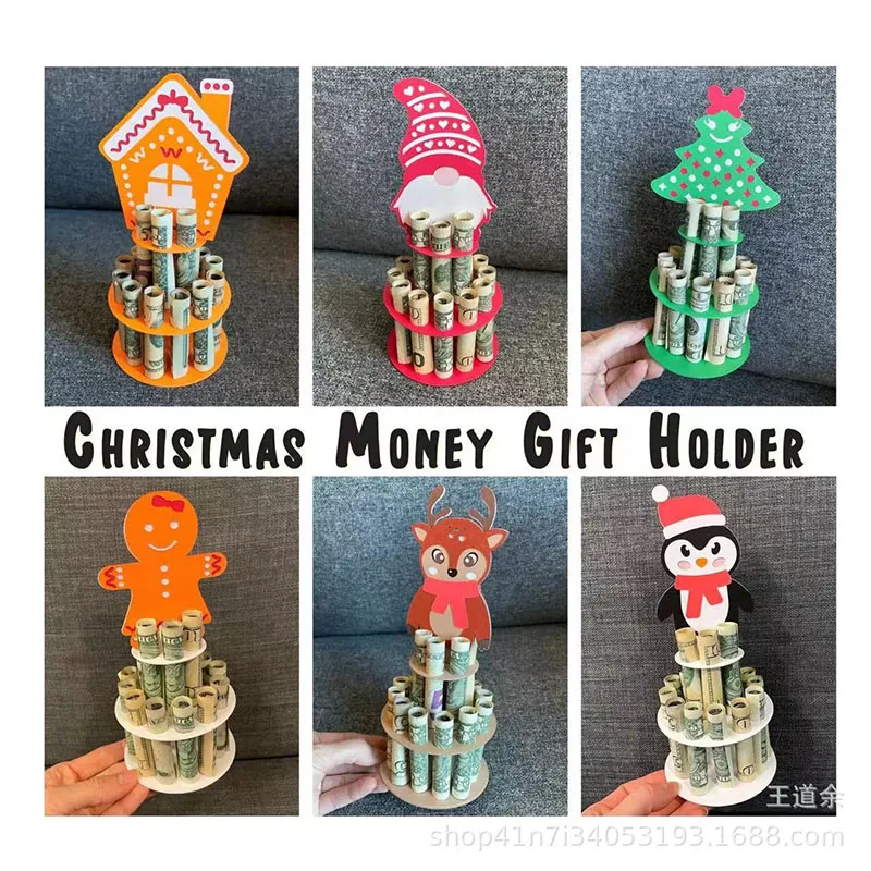 Christmas Money Cash Holder 2024 New Handmade Wooden Christmas Gift Money Holder Multiple Holes Double Layer Xmas Cash Holder