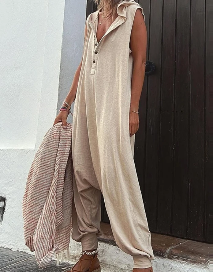 Mono Retro sin mangas para mujer, cuello en V abotonado, pantalones bombachos con capucha, mono holgado con capucha, ropa de calle para playa 2024