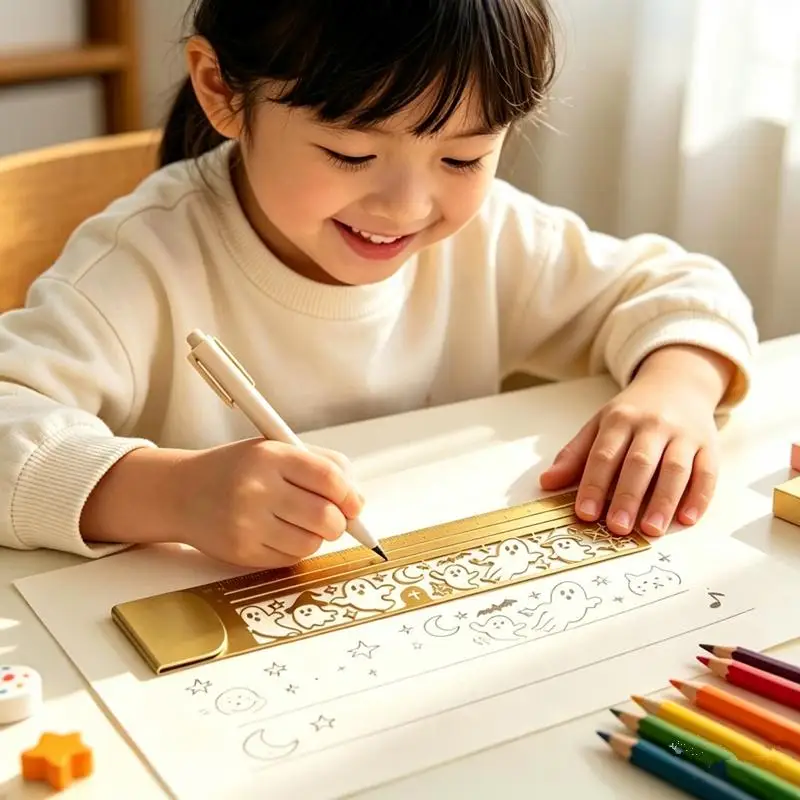 New Portable Brass Bookmark Ruler Cute Patterns Multi-functional Drawing Template Ruler Hollow Measuring Ruler Journal Scrapbook