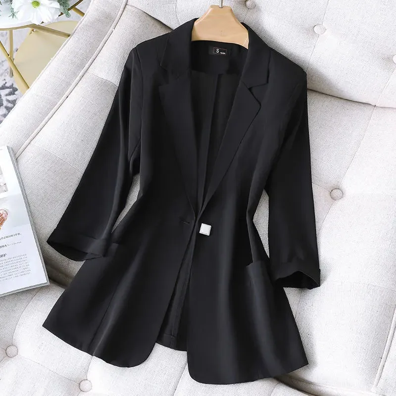 2022 Black Thin Women Suit Jacket Summer Half Sleeve White Slim Female Blazers Elegant Chic Women Fashion Blazer Coat