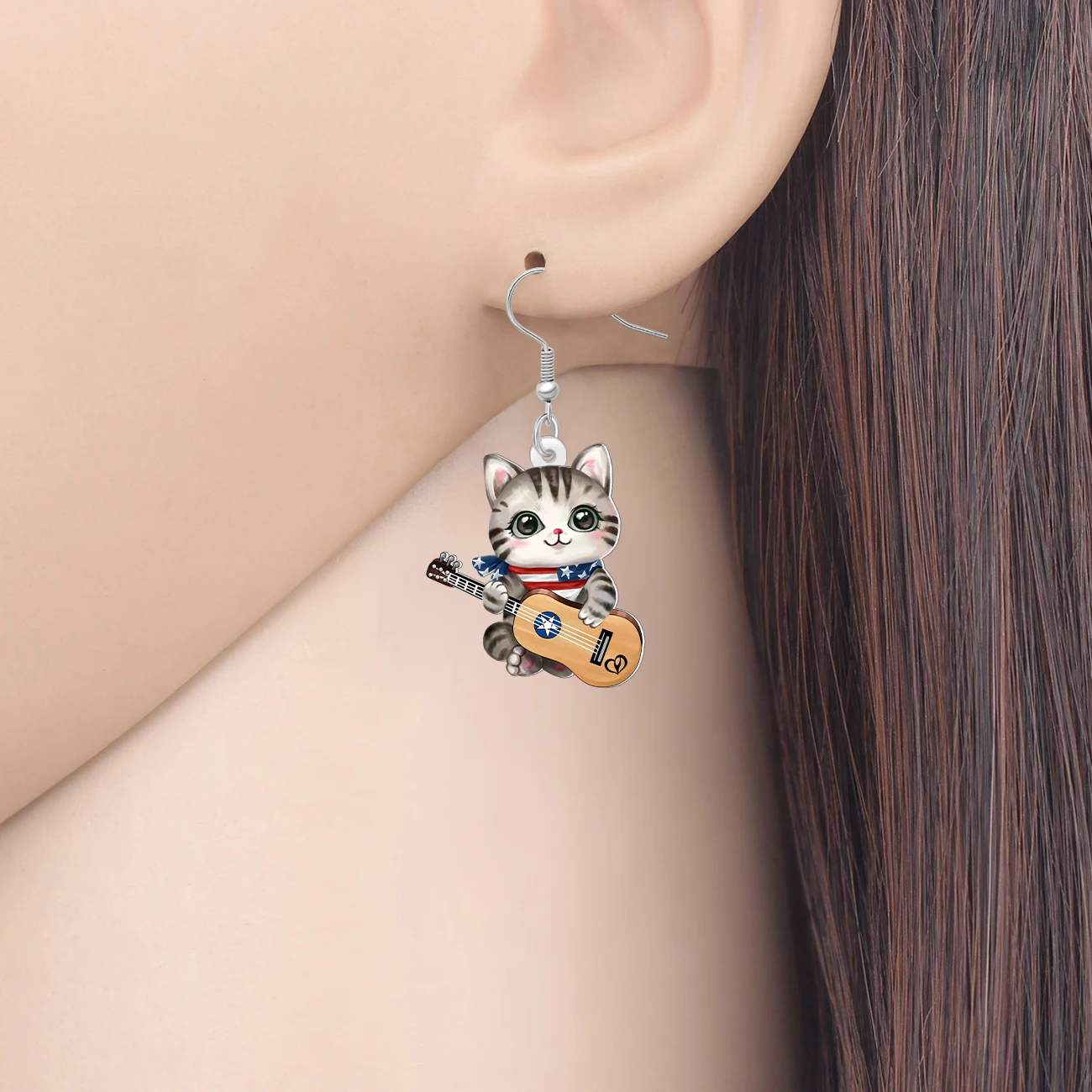 BONSNY Acrylic Independence Day Cats Earrings American Flag Cartoon Kitten Pets Dangle Jewelry Patriotic Gifts For Women Girls