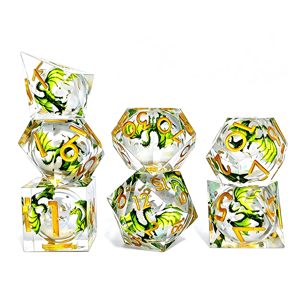 Green Dragon Liquid Core Sharp Edge Resin DND Dice Set with Tin Box 7Pcs Gold Number Polyhedral Dice For D&D TRPG Tabletop Game