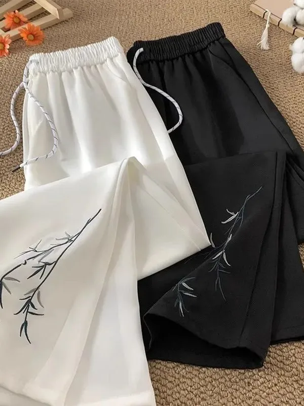 

Новые китайские брюки из бамбука с вышивкой, повседневные, свободные, прямого кроя, тонкие, летние, весенние, модные, мужские и женские, длинные штаны