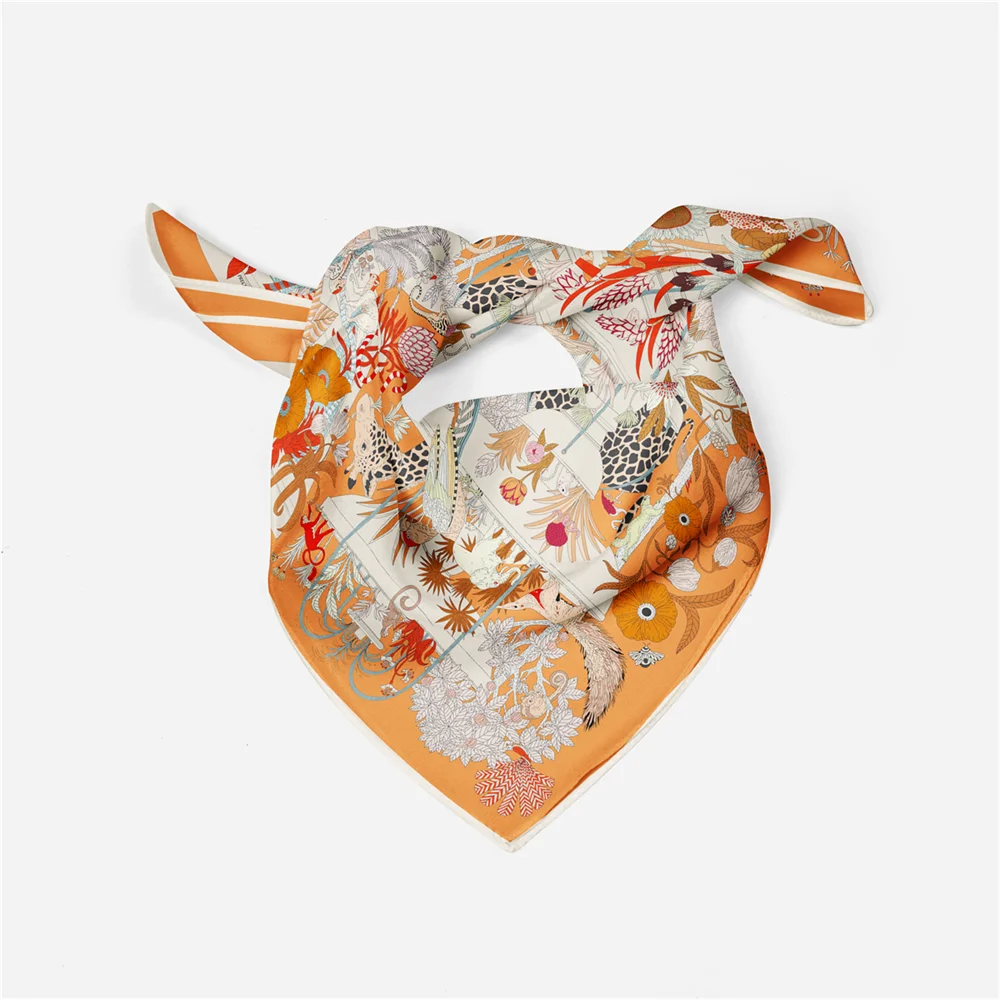 Twill Silk Scarf Woman Treasure Park Print Square Scarves Wraps Bandana Small Hijab Silk Foulards Tie Headband Neckerchief 53CM