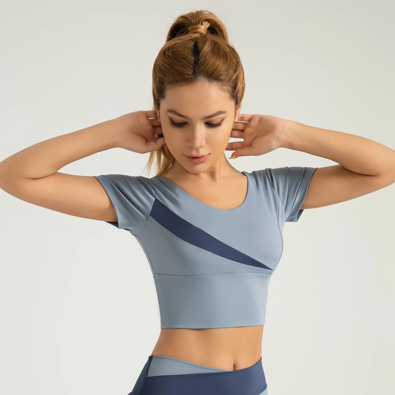 

Fitness Women Quick Drying Short Sleeves Gym Tops Leisure Commuting 2024 Summer High Elasticity Color Block Sports Yoga Tops