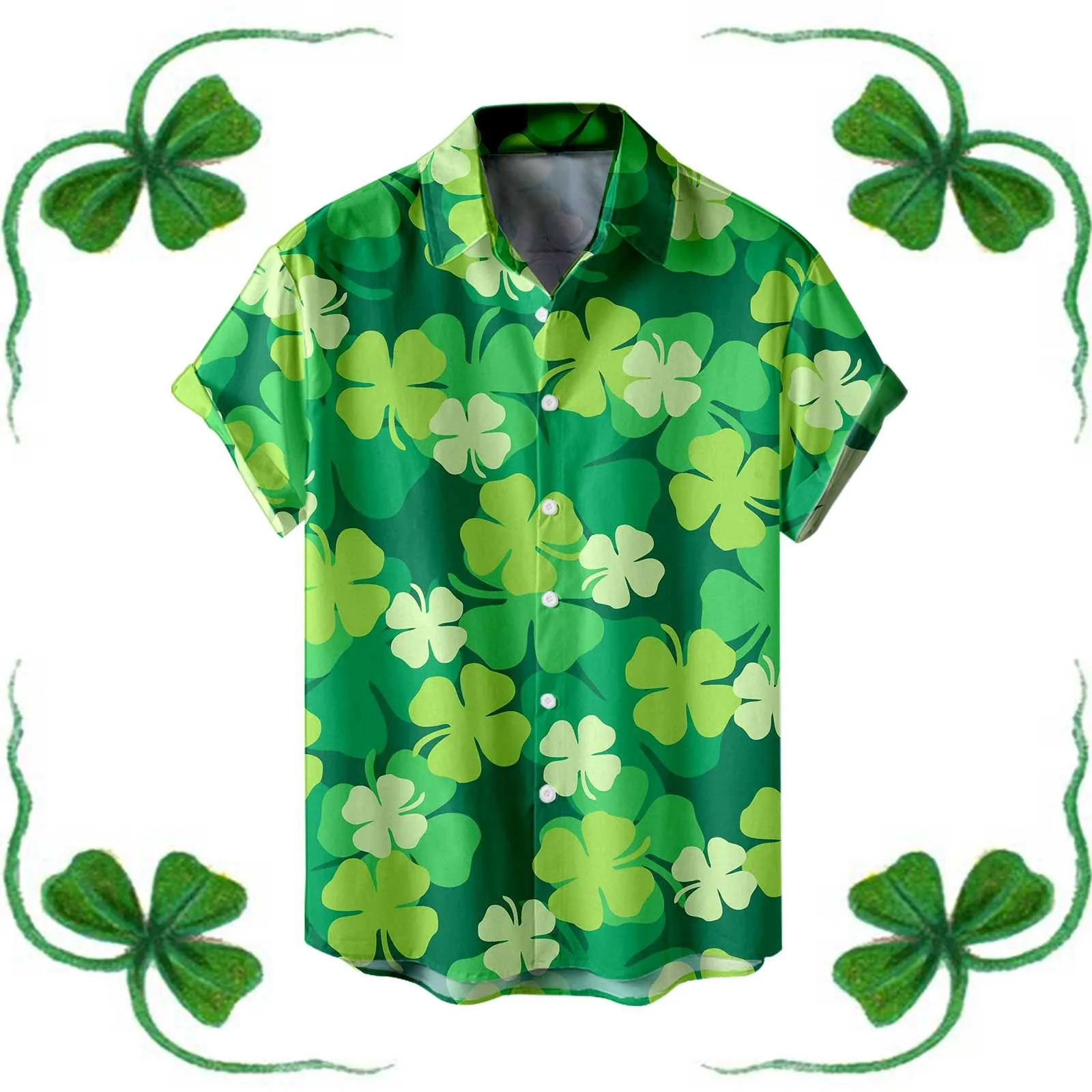 Mens Shirt Four Leaf Print St Patrick Day Festive Shirt Lapel Short Sleeved Shirt For Irish National Day Green Blouse Chemise 