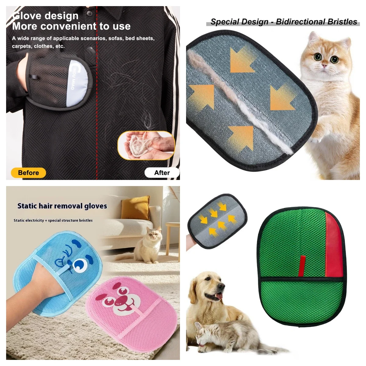 Pet Hair Removal Tools Reusable Gloves Pet Double-sided Beauty Gloves Carpet Removal Pet Fur Hair Pet Supplies