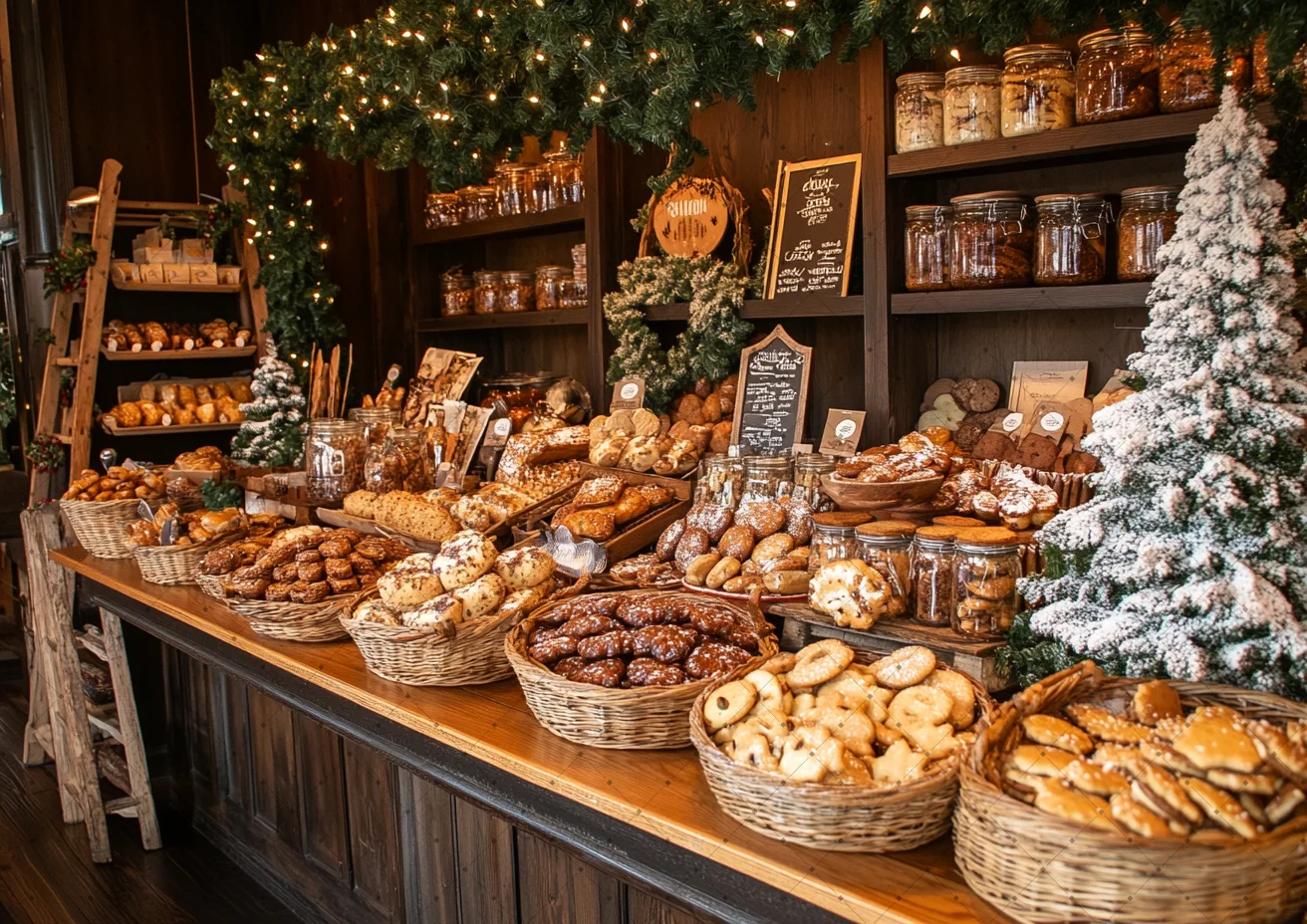 Cozy Winter Bakery Studio Backdrop Christmas Pine Garland Light Bread Counter Background Food Shooting Decor Background
