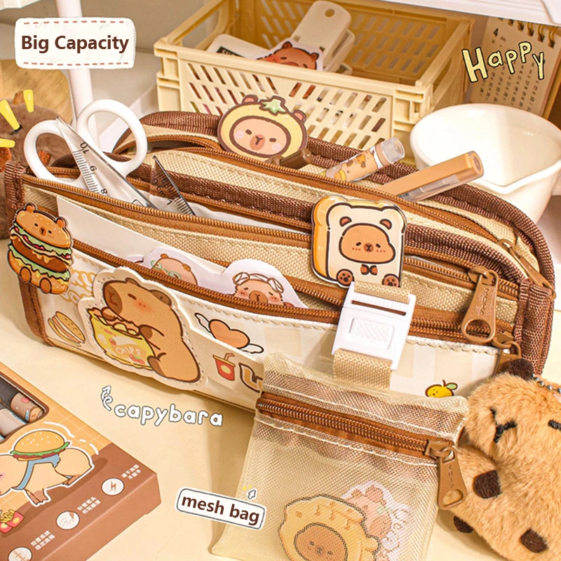 Capybara Multi-Layer Large Capacity Pencil Bag Cute Cartoon Pencil Case Stationery Organizer Storage Bag For Students Gift