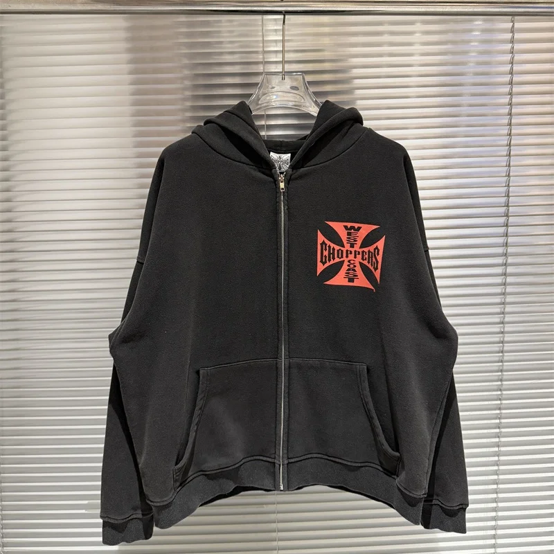 

Толстовка с капюшоном High Street Destroyed West Coast Choppers для мужчин и женщин с узором и принтом, негабаритная куртка на молнии, винтажная стираная черная куртка