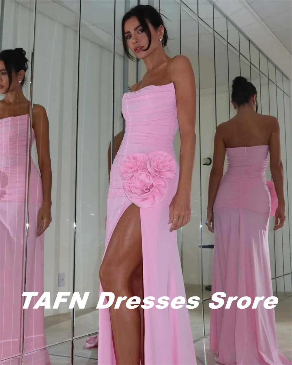 TAFN-vestidos de Noche formales sin tirantes, vestido de fiesta largo, plisado, flores, abertura lateral alta, rosa, Sexy