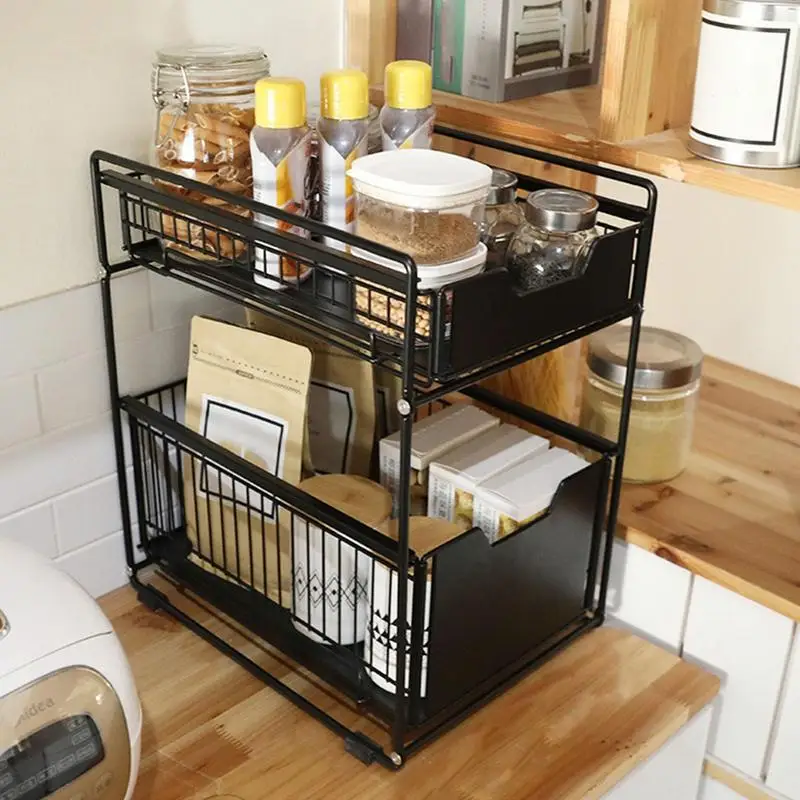 Multi-purpose 2 Tier Sliding Cabinet Basket Under Sink Organizer Storage Rack With Drawers For Home Bathroom Kitchen Accessories