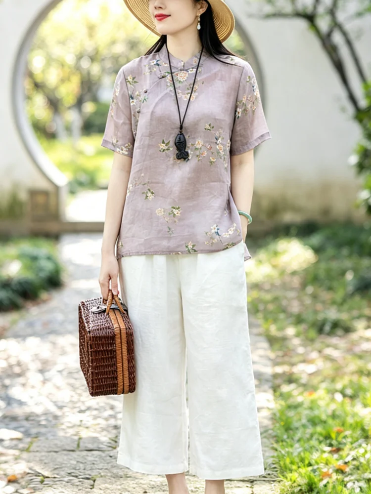 Chinese Style Floral Print Shi - огляд і ціна Linen Shirt Breathable
