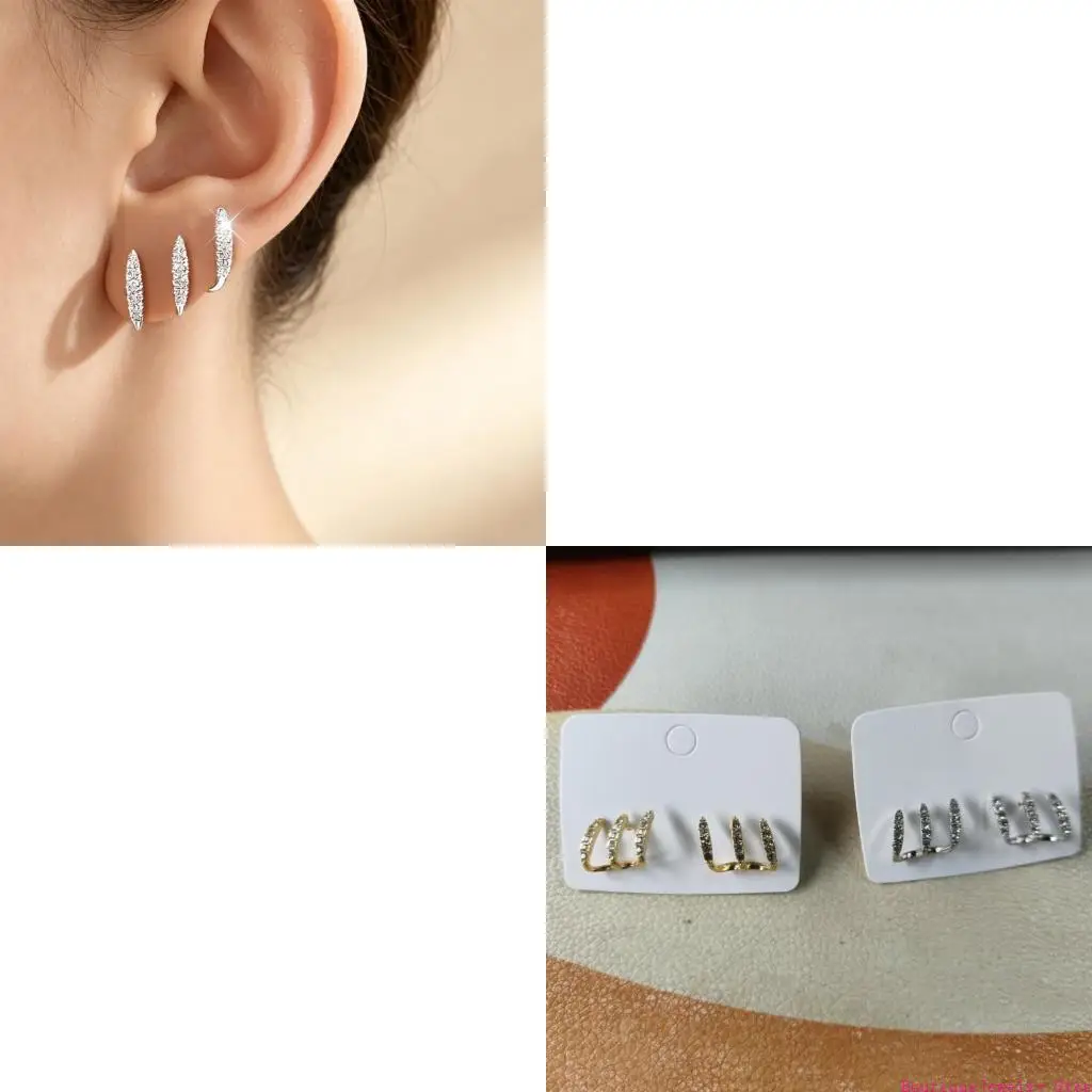 E1PE Stone Detail Drop Earrings for Women, Curved Three Row Pair with Bright Front Finish for Dress Up and Occasion Wear