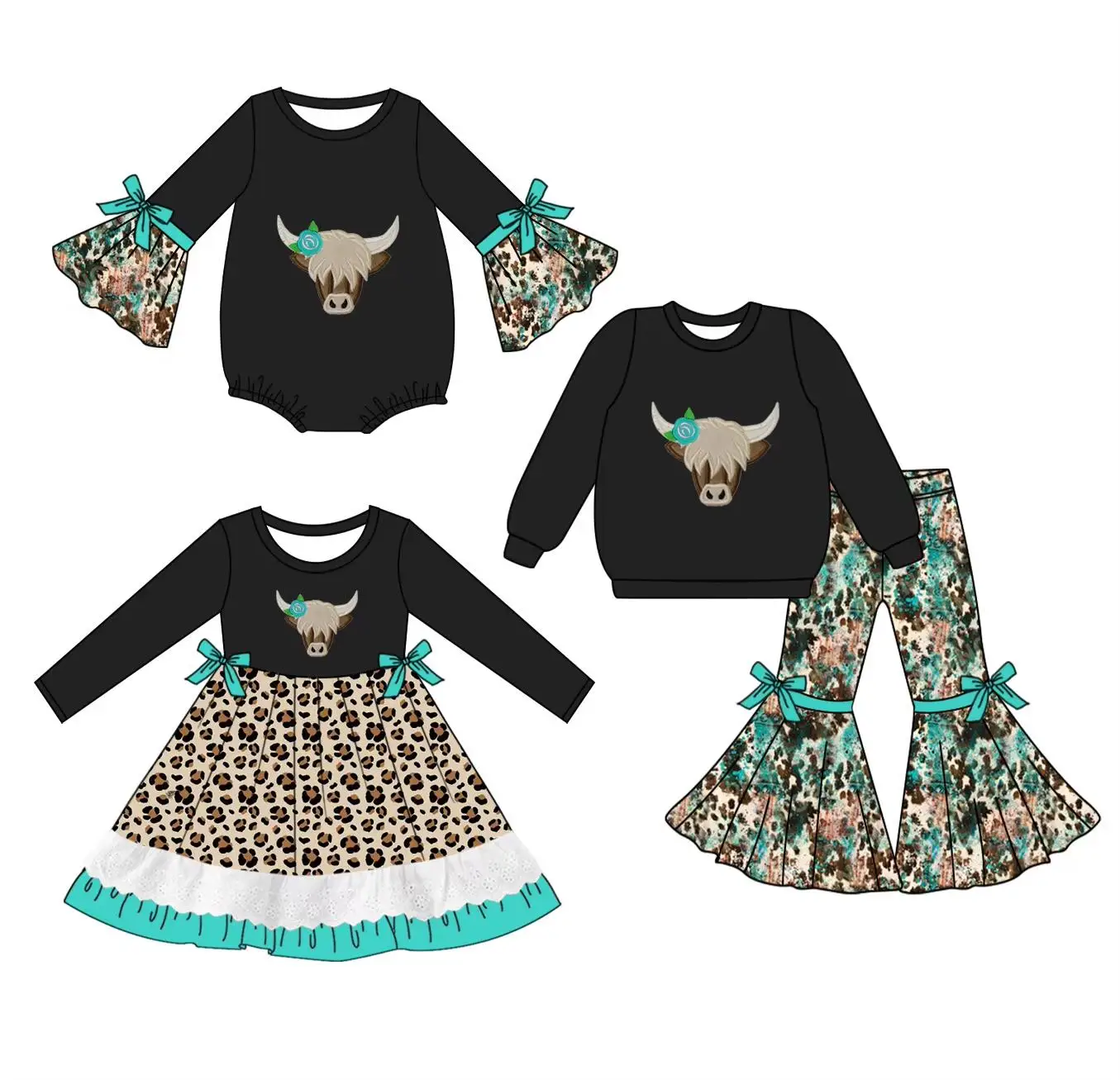 Boutique children clothes long sleeves bell sleeves cow flower leopard print blooming bottoms bow girl set baby romper dress