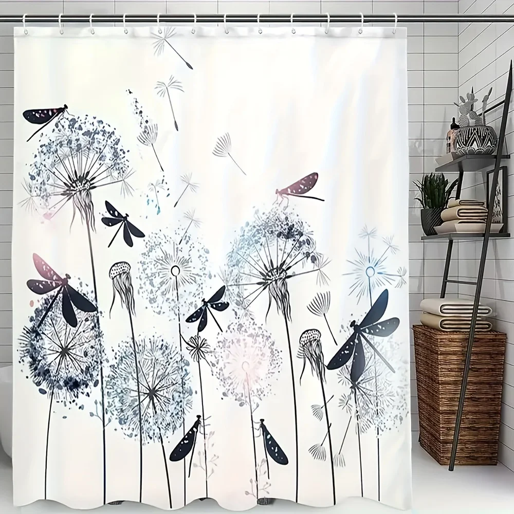 Bohemian Watercolor Shower Curtain Botanical Dandelion Wildflower Insect Pattern Bathroom Fabric Polyester Waterproof Shower Cur