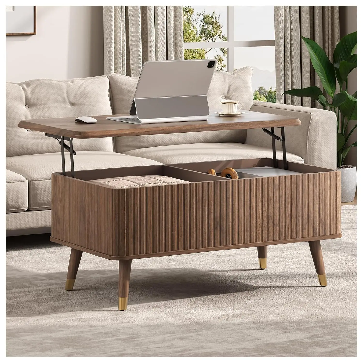 

Журнальный столик-трансформер с подъемной столешницей и местом для хранения, прямоугольный, в стиле середины века, с рифленым дизайном, со скрытыми элементами, на заказ